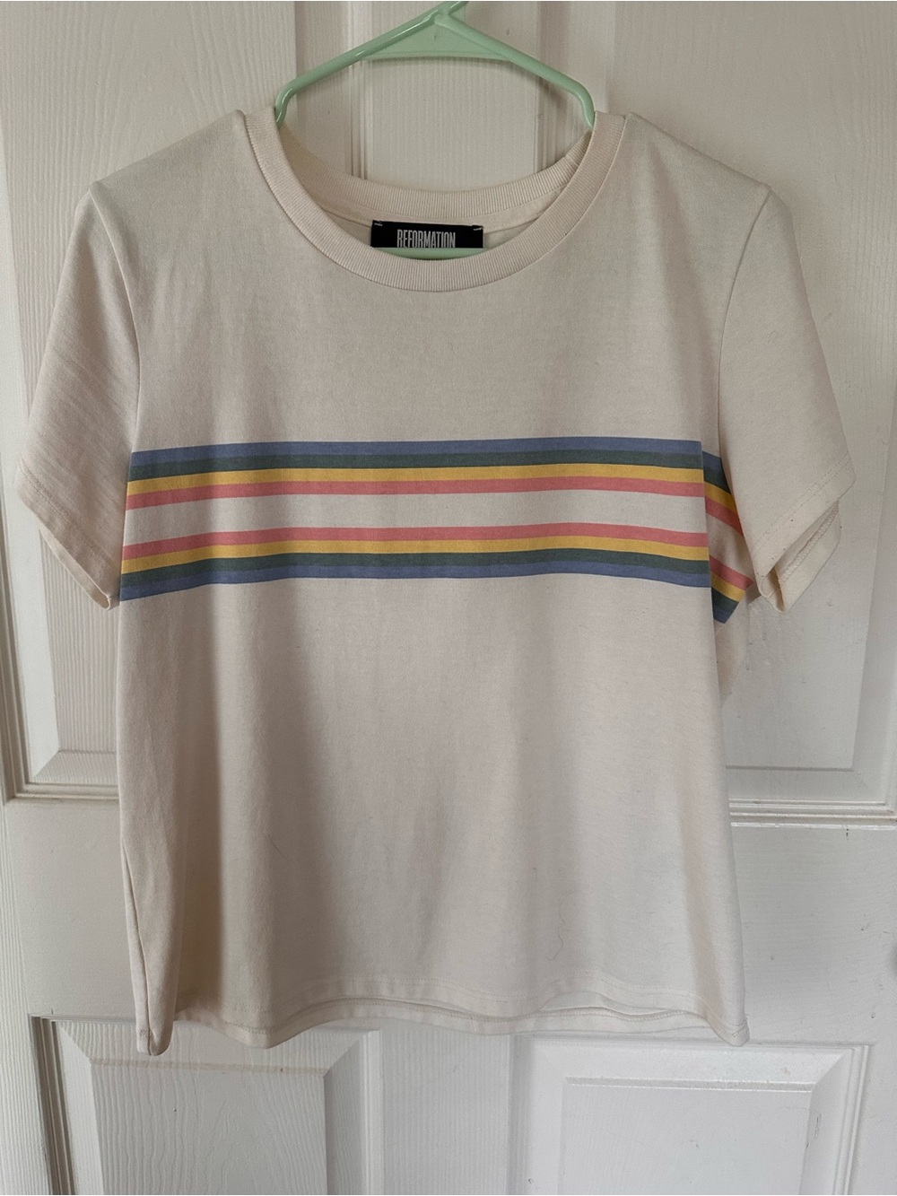 Reformation Cream Tee with Blue, Yellow and Pink Stripes